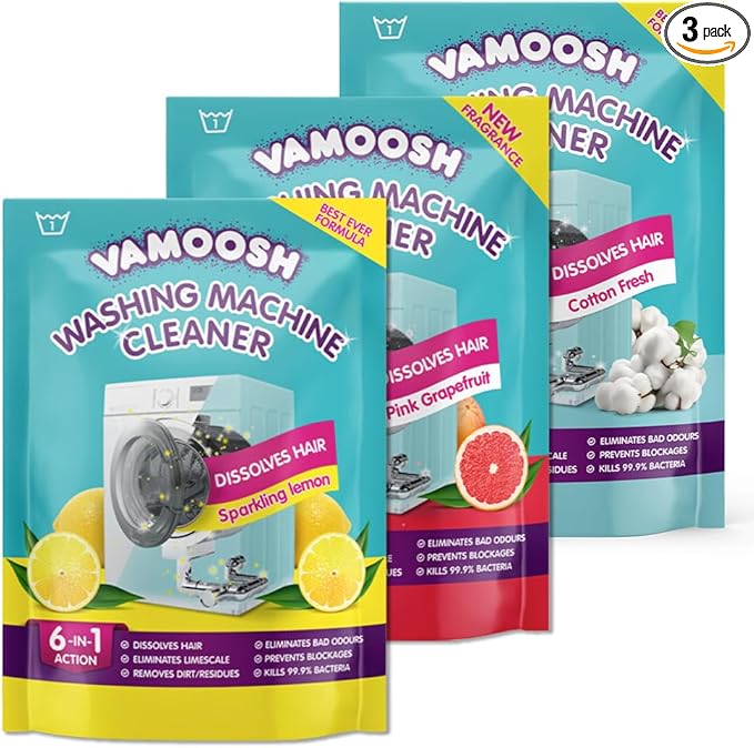 Vamoosh 6-in-1 Washing Machine Cleaner (3 Sachets: 1 x Pink Grapefruit, 1 x Cotton Fresh, 1 x Sparkling Lemon). Dissolves Hair, Eliminates Bad Odours, Removes Limescale, 3 Deep Cleans, Antibacterial