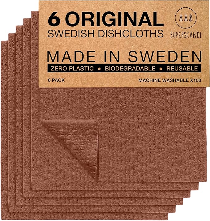 SUPERSCANDI 6 Pack Reusable Cleaning Cloths - 100% Biodegradable & Compostable | Washable Swedish Dishcloth - Food-Safe & Plastic-Free | Kitchen Cloth Suitable for Any Surface, Brown