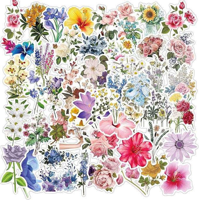 50 Pcs Flower Stickers Waterprof Vinyl Sticker Pack for Kindle Laptop Water Bottle Guitar Girls Scrapbooking Cute Scrapbook Preppy Journal Suitcase
