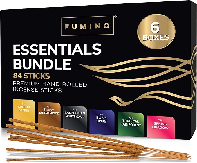 Incense Sticks Fumino Fresh Handmade Multipack Essentials Bundle 6 Boxes 84 Pieces (90g) Masala Agarbatti Joss Scent Fragrance for Relaxation and Meditation, Home and House Decor
