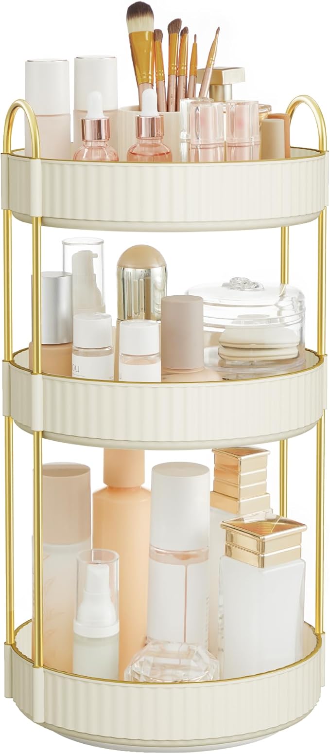 SONGMICS Makeup Organiser Rotating, 3-Tier Round Skincare Organiser, Customisable, Toiletries Cosmetics Organiser, Gift, Cloud White JKA011W01