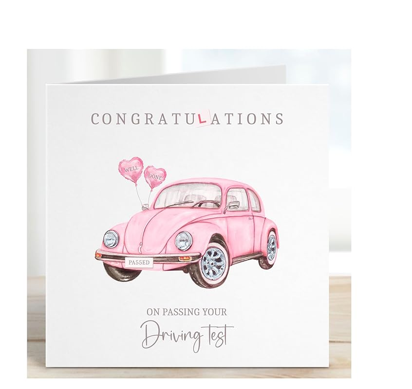 Congratulations Driving Test Card pink, New Card Driving Exam, Well Done Passing Exam Card, Blank Inside with Envelope, Driving Test Card