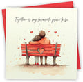 Valentines Card. Lovers on Bench Design. Eco-Friendly. 4pp 150x150mm Size. Valentine's Card with Red Envelope. Verse Inside. Printed and Packed in UK.