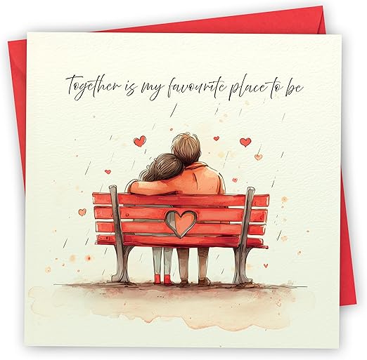 Valentines Card. Lovers on Bench Design. Eco-Friendly. 4pp 150x150mm Size. Valentine's Card with Red Envelope. Verse Inside. Printed and Packed in UK.