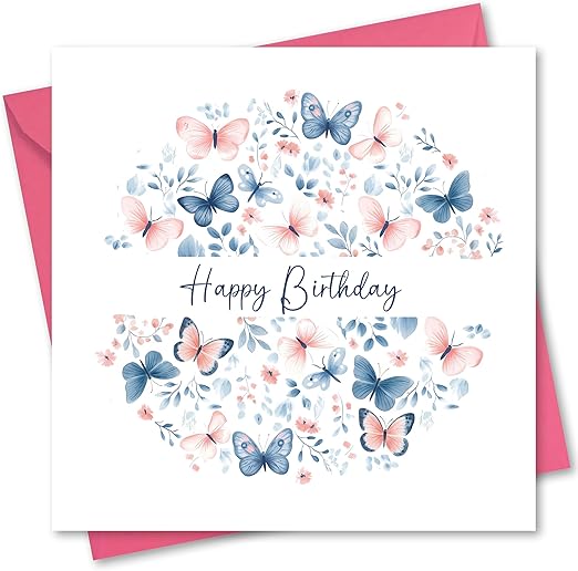 Birthday Card. Butterfly Design. 150x150mm supplied with Envelope. Eco-friendly. Message inside. Made in Britain.