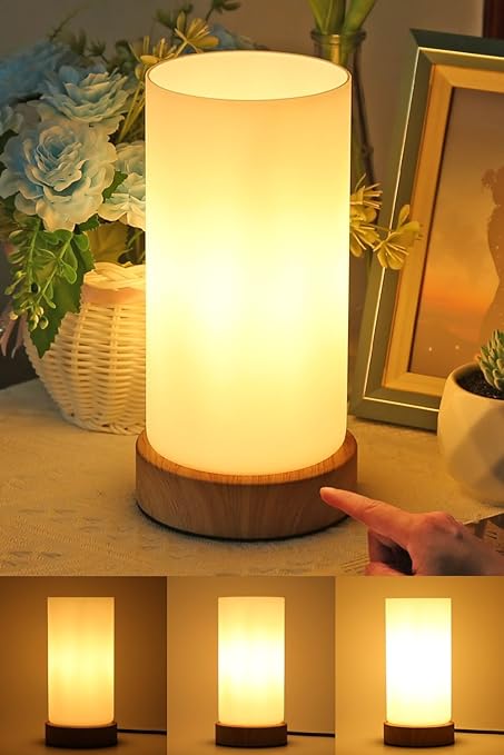 Bedside Lamps, Touch Control Glass Table Lamp 3-Way Dimmable Wooden Grained Base Small Touch Lamps Bedside Minimalist Nightstand for Christmas Living Room Bedroom Decor Gift, Include Bulb[Energy Class F]