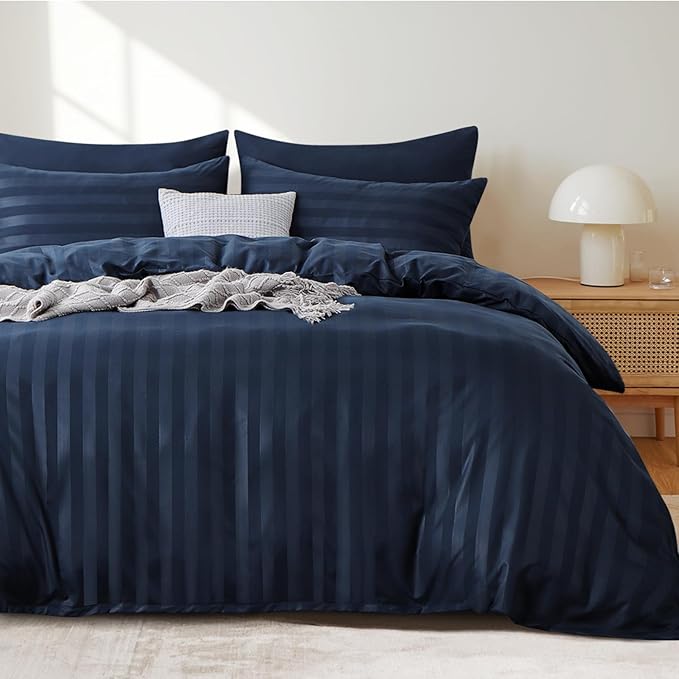 Double Duvet Set - Satin Stripes Bedding Double Bed Set with 2 Pillowcases, Ultrasoft Reversible Duvet Cover with Zipper Closure, Blue (200x200)