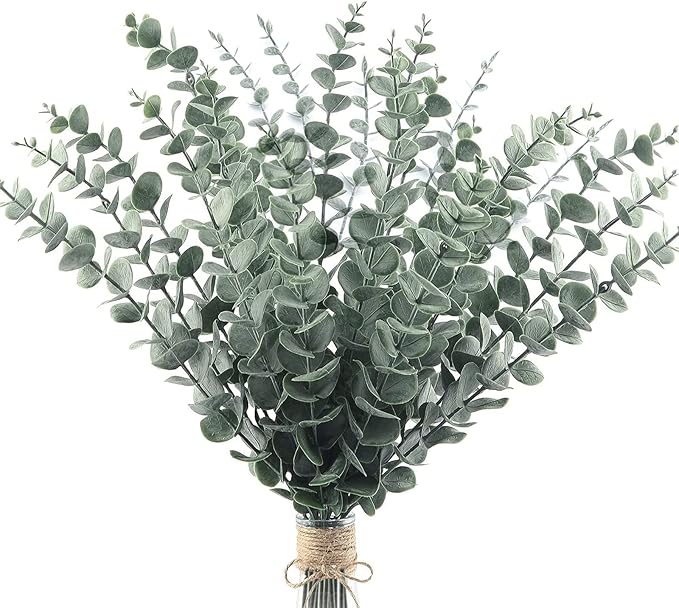24pcs Eucalyptus Stems Artificial Eucalyptus Leaves Stems Real Grey Green Touch Leaf Branches for Home Office Flowers Bouquet Centerpiece Wedding Decoration