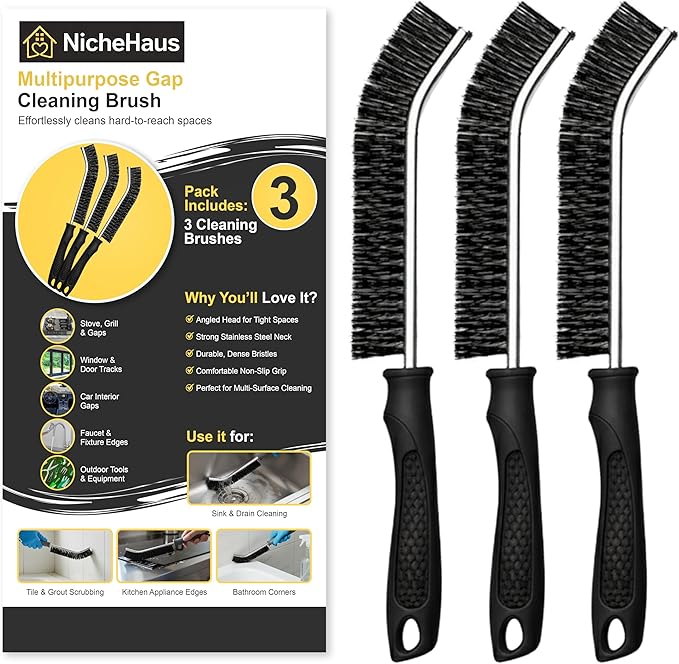 3PCs Crevice & Grout Cleaning Brush UK Set – Thin Hard Bristle Brushes for Small Spaces & Tight Gaps