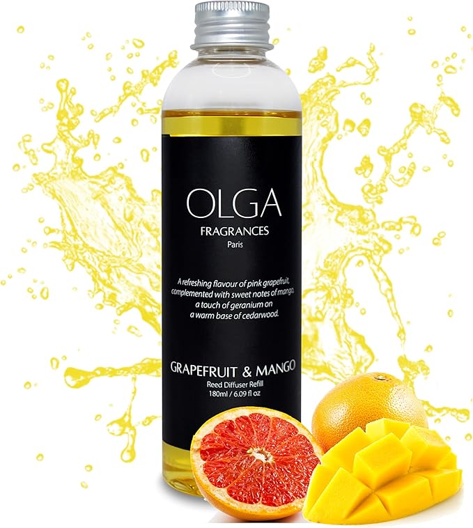 OLGA Grapefruit & Mango Reed Diffuser Refill – 180ml Long-Lasting Strong Fragrance Oil – Luxury Refill for Diffuser Bottles – Sweet, Fresh & Bold Large Room Aroma Up to 90 Days – Reeds Not Included