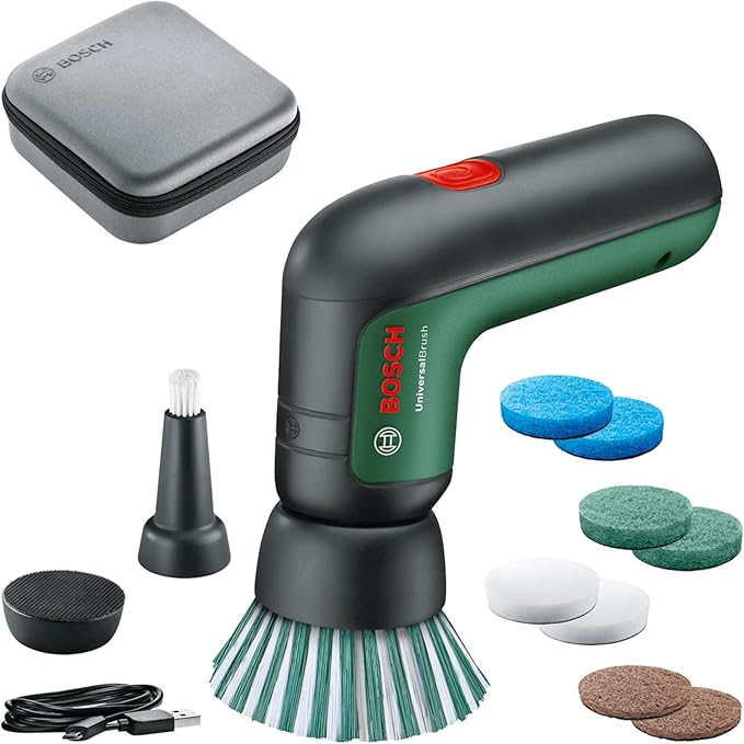 Bosch Electric Cleaning Brush Set UniversalBrush (for Bathroom Tiles, Kitchen Stove, Pans, Pots and More; 10 Cleaning Attachments Included; 3.6V Integrated Battery; Micro-USB Cable; in Soft Bag)