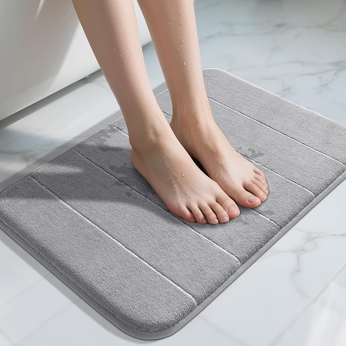 Yimobra Memory Foam Bath Mat, Soft and Comfortable, Super Water Absorption, Non-Slip, Thick, Machine Wash, Easier to Dry for Bathroom Floor Rug, 43 x 61 cm, Gray
