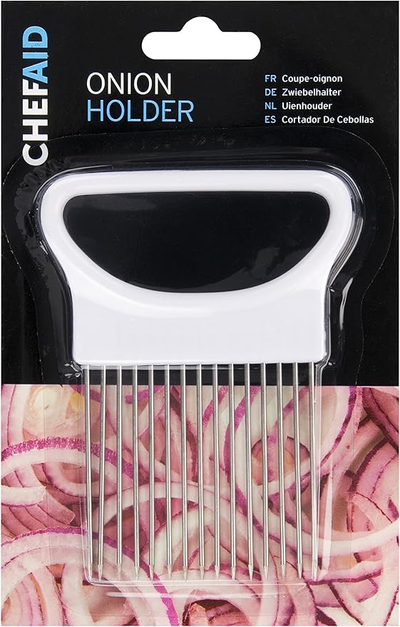 Chef Aid Onion Holder, Onion Holding tool to aid Slicing and Dicing of Oinions and other Vegetables, Can Be used as a Cutter Guide and to hold the Onion in place, With Stainless Steel Prongs