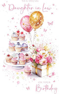 Cherry Orchard Special Daughter in Law Birthday Card - Pretty Flowers, Cupcakes & Balloons design, Beautiful Gold Foil Finish