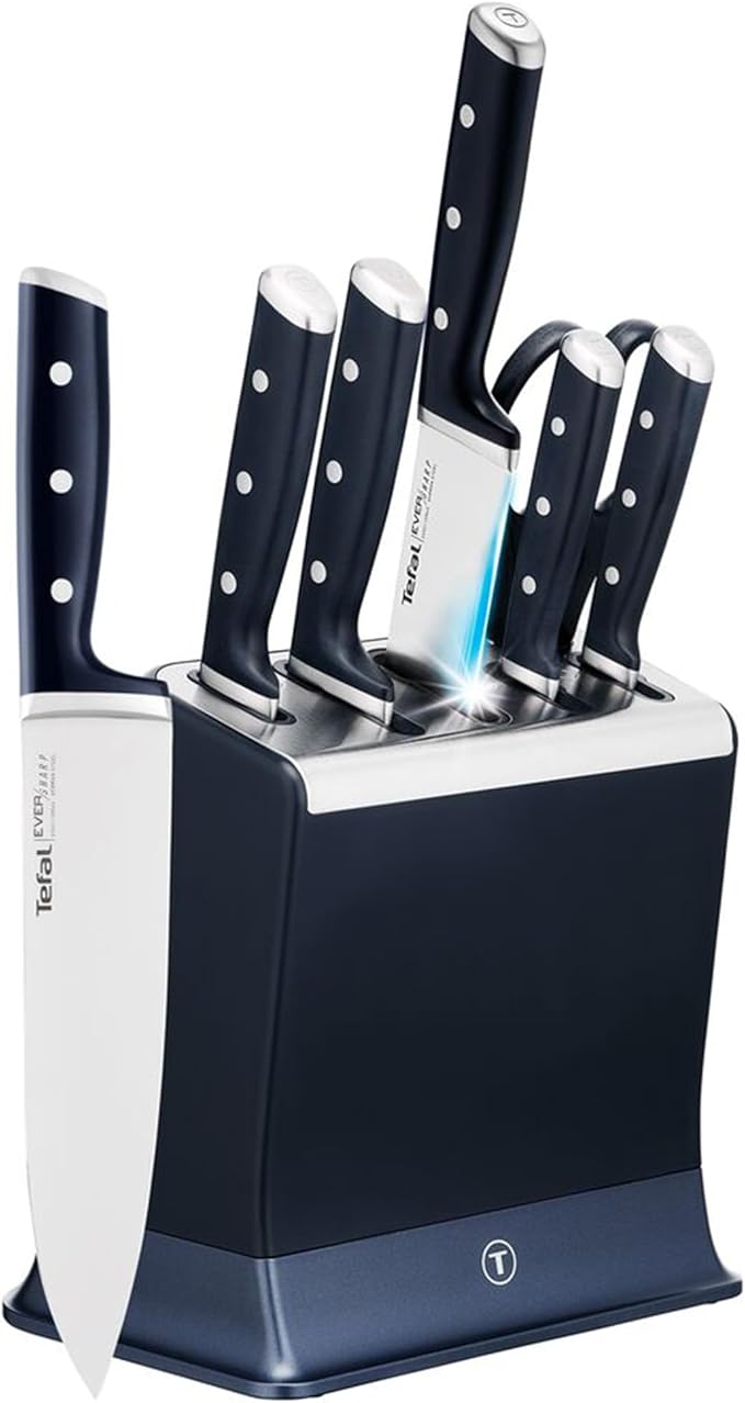 Tefal EverSharp Pro 6-Pc Knife Set, Knife Block With Automatic Integrated Sharpener, Scissors, German Stainless Steel, Ergonomic Handle, Gift for Him/Her, Chef, Utility, Paring & Scissors, K297S744