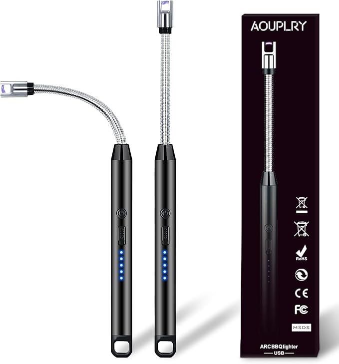 Candle Lighter, 2 PCS Rechargeable USB Electric Lighter Windproof Flameless, 360° Flexible Neck & LED Display for BBQ, Grill, Camping, Fireplace, Stove(Black)