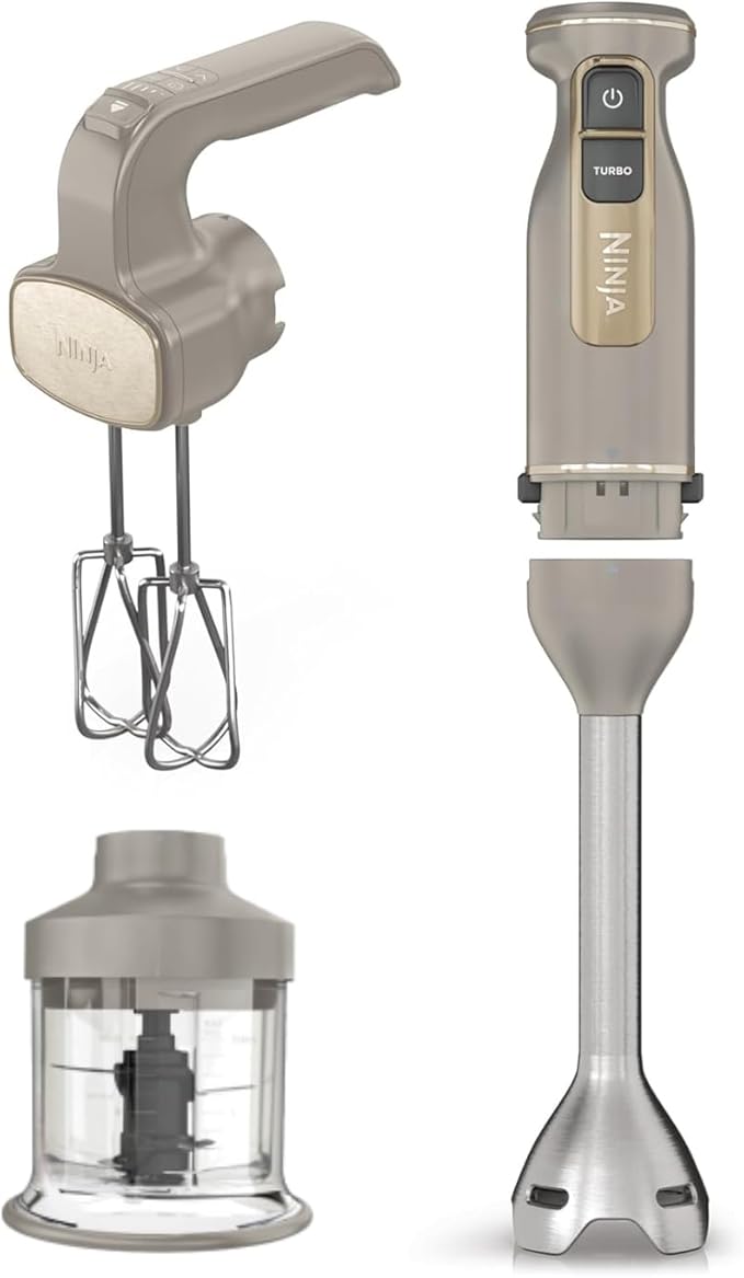 Ninja Foodi 3-in-1 Hand Blender, Hand Mixer & Chopper with Gradual Start, 2 Blending and 5 Mixing Speeds to Chop, Mix, Knead, Blend and more, Dishwasher Safe Parts, 850W, Stone Gold CI100UKSTGD