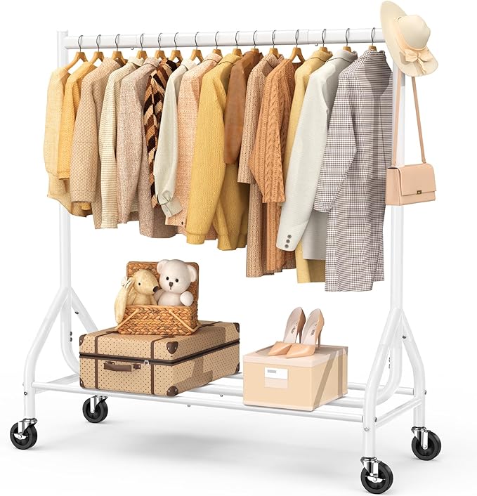 EAGMAK Heavy Duty Clothes Rail Load 180 KG, Rolling Garment Rail with Lockable Wheels, Standing Metal Clothing Rack, Portable Rack Sturdy Coat Hanging Rail for Hanging Clothes (White, 120×48×160 cm)