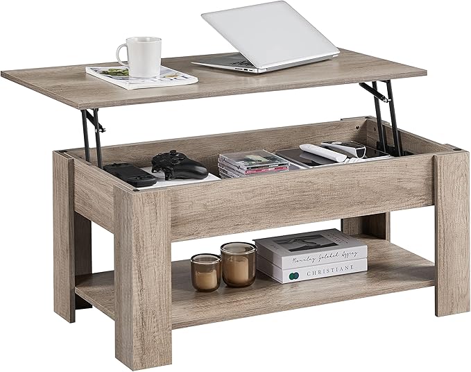 Yaheetech Lift Up Coffee Table, Wooden Lifting Coffee Table with Hidden Storage Drawer and Open Shelf, Space-saving Tea Tables for Living Room/Reception, Gray