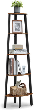 VASAGLE Corner Bookcase 5 Tier Shelf Ladder Shelf Storage Unit Plant Holder for Living Room Industrial Style with Steel Frame, Rustic Brown and Black LLS35X