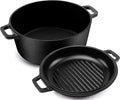 KICHLY 2 in 1 Cast Iron Dutch Oven with Dual Purpose Lid – 4.73 litre Cast Iron Pot with 27 cm Griddle Pan – Pre-seasoned Casserole Dish with Lid, Black