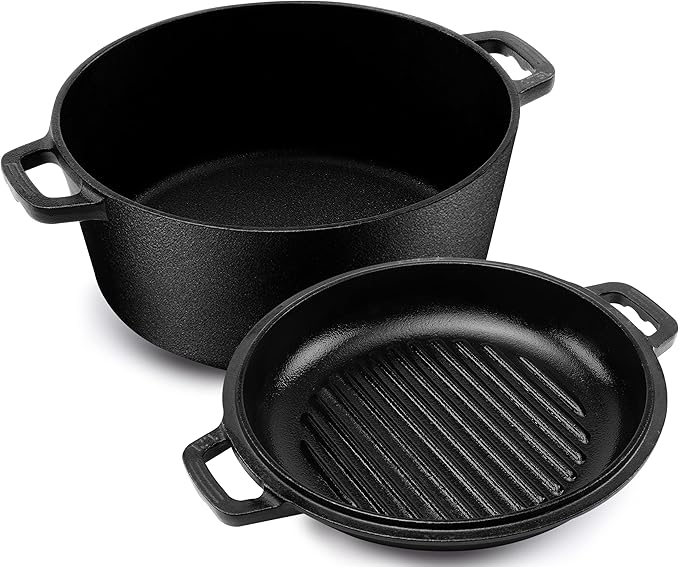 KICHLY 2 in 1 Cast Iron Dutch Oven with Dual Purpose Lid – 4.73 litre Cast Iron Pot with 27 cm Griddle Pan – Pre-seasoned Casserole Dish with Lid, Black
