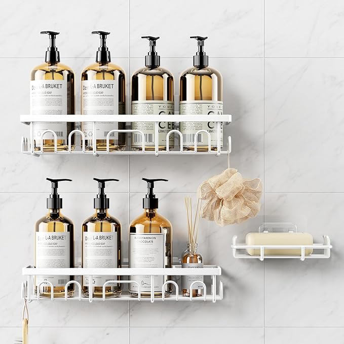 3 Pack Rustproof Stainless Steel Shower Caddy, Bathroom Storage Accessory Shelf Organiser Adhesive No Drilling Hanging, Soap Holder Set, Kitchen Wall Mounted Corner Decor, White