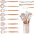 12 PCS Kitchen Utensil Set, Silicone Cooking Utensils with Holder, Natural Wooden Handle Cookware Tongs Spatula Spoon Set, Non Stick & Heat Resistant, Dishwasher Safe (Khaki)