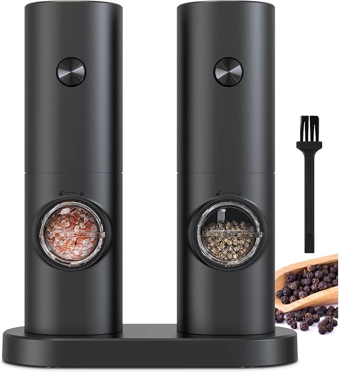 COKUNST Electric Pepper and Salt Grinder Set, Battery Powered Adjustable 5 Levels of Coarseness Black Pepper Mills with Stand, Automatic Grinding with LED Light for BBQ Resturant Kitchen