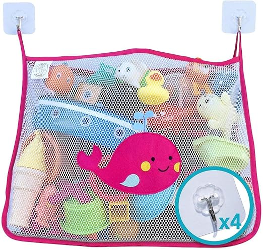 Baby Bath Toy Bag for Bath Toys Large Organiser Bathroom Storage Net with 4 Waterproof Self Adhesive Hooks (Pink)