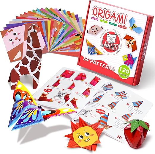 Gamenote Origami Kit for Kids, 120 Sheets Double-Sided Origami Paper Set with 55-Page Guiding Book, 54 Projects, DIY Art and Craft Projects, Gift for 4-12 Years Beginners Kids Boys Girls