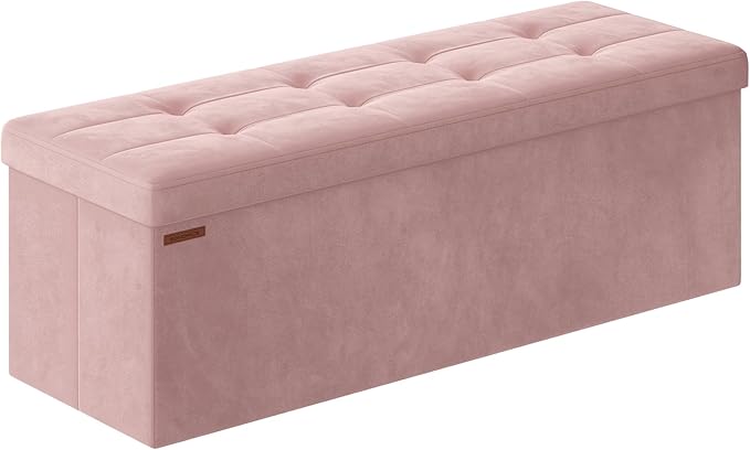 SONGMICS Storage Ottoman, Foldable Small Ottoman Foot Rest, 38 x 110 x 38 cm, Cube Ottoman with Storage, Load up to 300 kg, for Living Room, Bedroom, Entryway, Jelly Pink LSF277R51