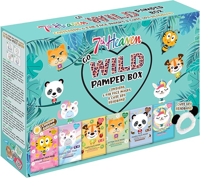 7th Heaven Go Wild Pamper Box Skincare Gift Set - 6 Printed Animal Face Masks and 1 Panda Headband Childrens Gift