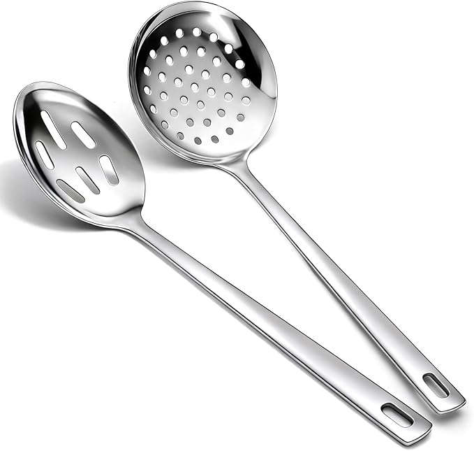 Berglander Slotted Spoons for Straining 2 pcs 33cm, Stainless Steel Kitchen Spider Strainer Skimmer Ladle for Straining Pasta/Cooking/Frying, Metal Kitchen Utensils Pasta Spoon