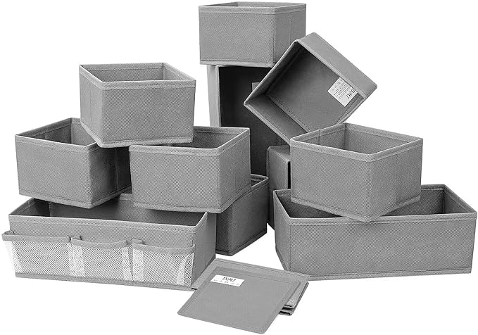 DIMJ 12 PCS Dresser Drawer Organiser Fabric Storage Box Foldable Wardrobe Storage Organiser Drawer Dividers for Socks, Underwear, Ties, Scarves, Cosmetics (Grey)