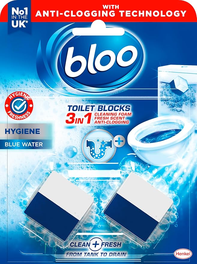 Bloo Hygiene 3in1 Cleaning Foam Toilet Blocks, Pack of 2, Toilet Limescale Remover Cistern Block, Toilet Cleaner Block with Cleaning and Foaming Action, Blue Water, Fresh Scent