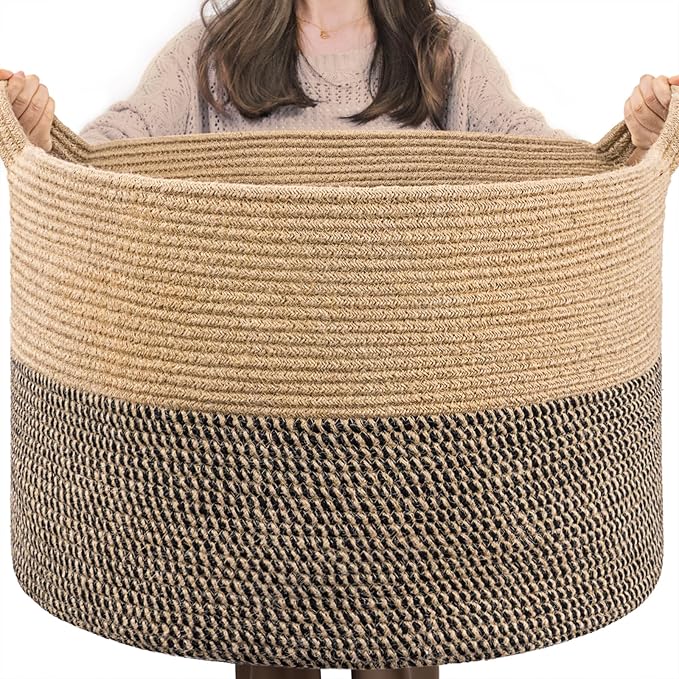 Extra Large Laundry Hamper Woven Baskets for Storage Blanket Basket Living Room Wicker Storage Basket for Organizing Jute Large Baskets for Toy Pillow Shoe, 55x35cm, Black Jute