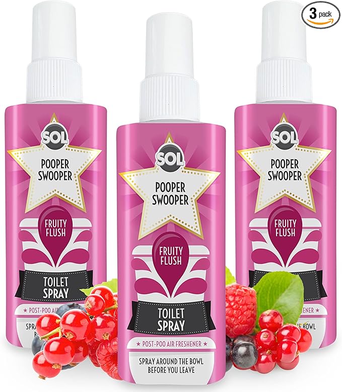 SOL 3pk x 60ml Pooper Swooper Toilet Spray Fruity Flush Fragrance, Odour Masking Air Freshener Refresher for Public Bathrooms, Offices and Home, Travel-Friendly Cleaning Solution for Poo Odours
