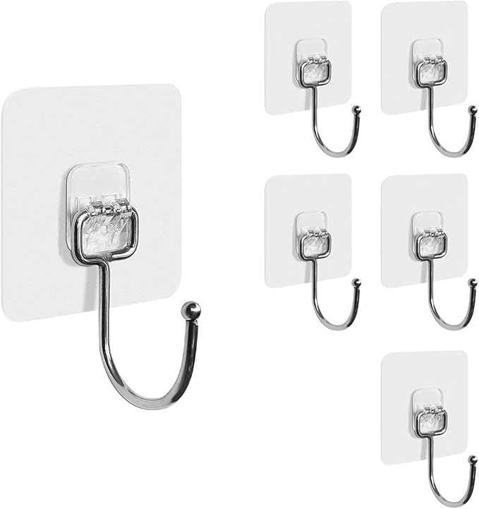 Adhesive Hooks Heavy Duty Wall Hooks 20kg (Max) Self Adhesive Hooks,Strong Clear Stick on Hooks Free Nail for Kitchen,Home and Office,6Pack