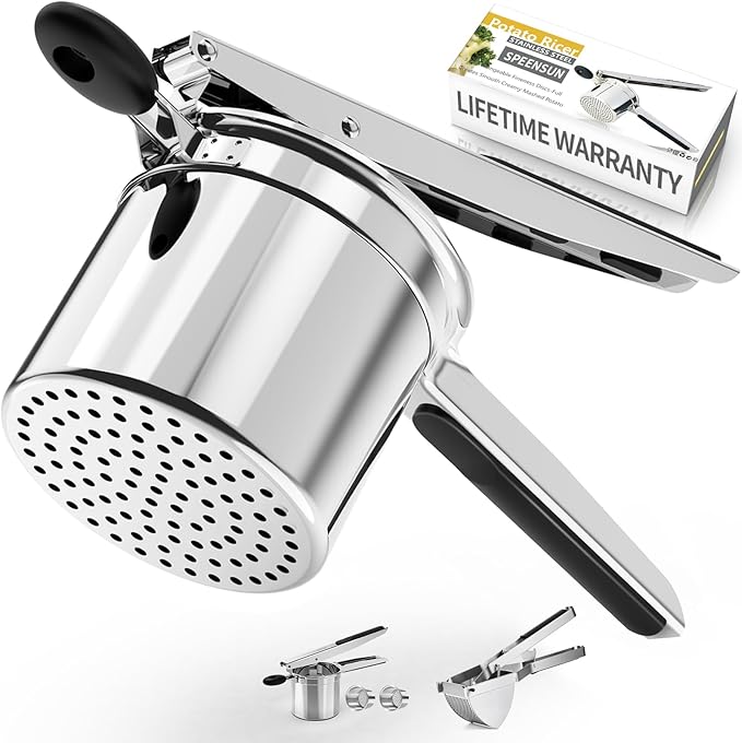 SPEENSUN Potato Ricer,Potato mashers,Large 15oz Heavy Duty Stainless Steel for Fluffy Mashed Potatoes,Fixed Ricer Disc Potato Press Without Messy,with Silicone Handle（Black