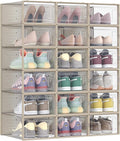 SONGMICS Shoe Boxes, Pack of 18 Stackable Shoe Storage Organisers, Foldable and Versatile for Sneakers, Fit up to UK Size 9.5, Transparent and Oatmeal Beige LSP18SW30