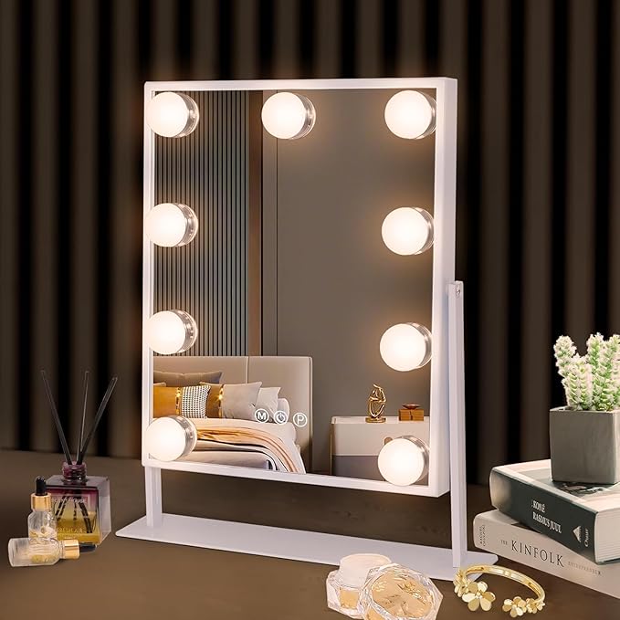 Hansong Vanity Mirror with Lights Light Up Hollywood Makeup Mirror with 9 LED Bulbs Tabletop 360 Rotation with 10x Magnifying Mirror