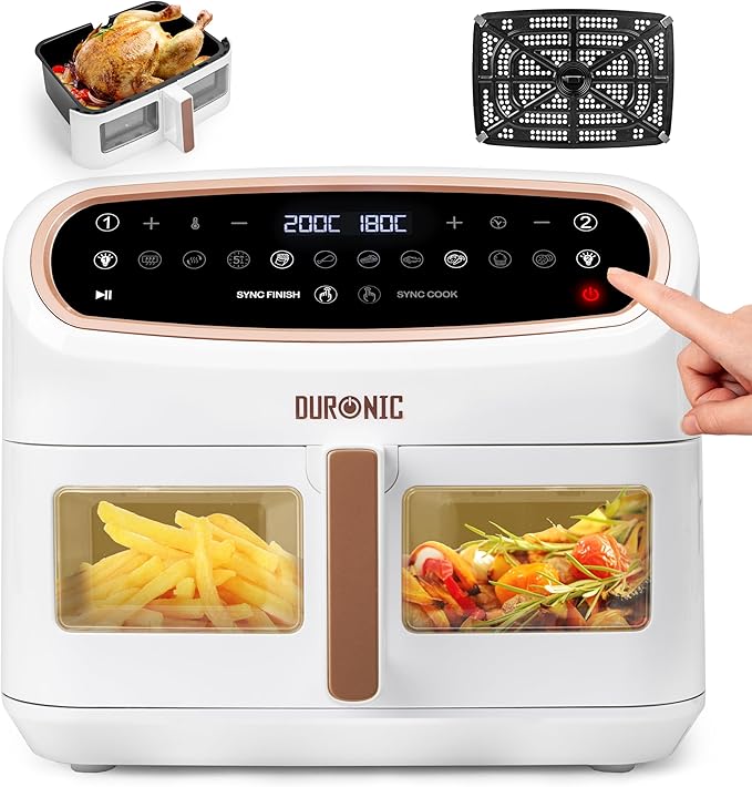 Duronic XXL Digital Air Fryer AF14 WE 10L Family Size Air Fryers Double Drawer 10in1 Dual Zone Extra Large AirFryer with window for Cooking with Dishwasher Safe Non-Stick Basket White