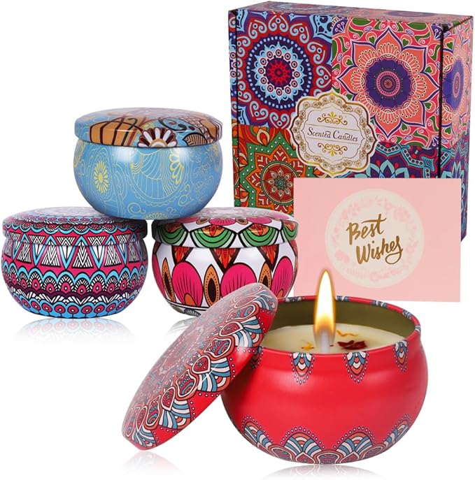 Scented Candles Gifts for Women, Soy Vanilla Candle Presents for Women,4 Pack Metal, Birthday Gifts for her, Mother's Day, Christmas[Energy Class A]