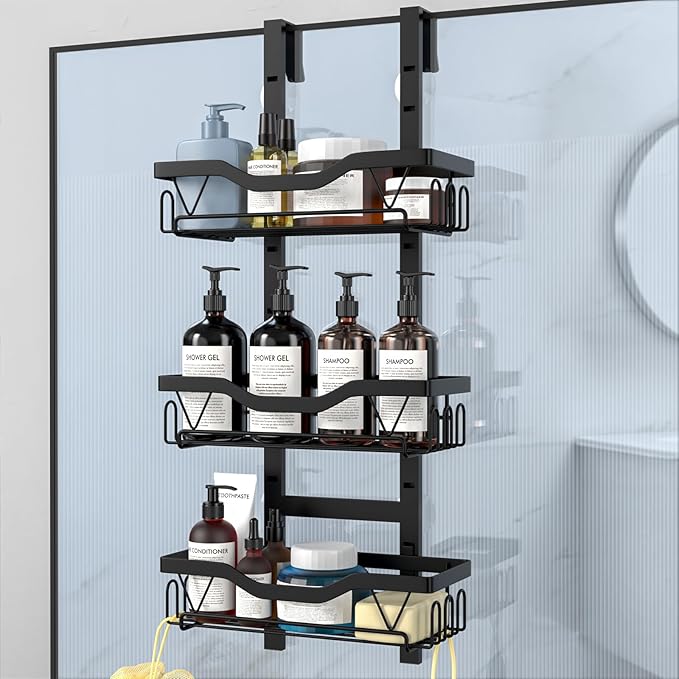 Hanging Shower Caddy, Over Door Shower Shelf 3 Layers, Bathroom Shelves No Drilling (Black - 3 layers)