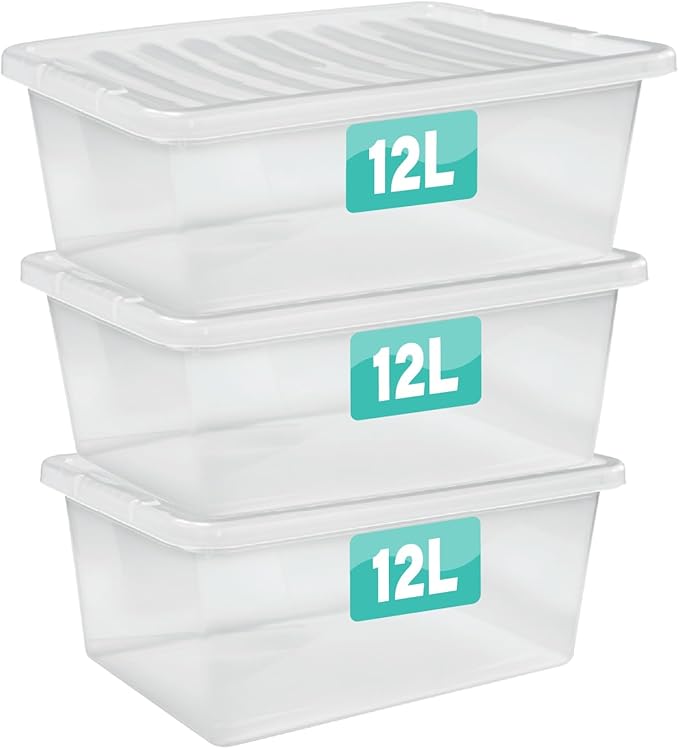 3 x 12 Litre Clear Plastic Storage Boxes With Lids Set of 3, Transparent Multipurpose Nestable Stackable Plastic Box With Lid Containers For Home, Kitchen, Garage, Office, Accessories