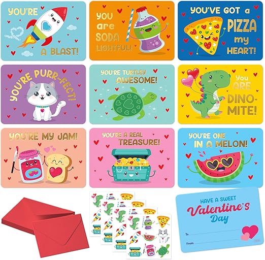 S&O 36 Funny Valentines Cards for Kids Classroom - School Valentines with Envelopes for Kids - Cartoon Card Stickers - Double Sided Cards for Boys & Girls - 3.5" x5”