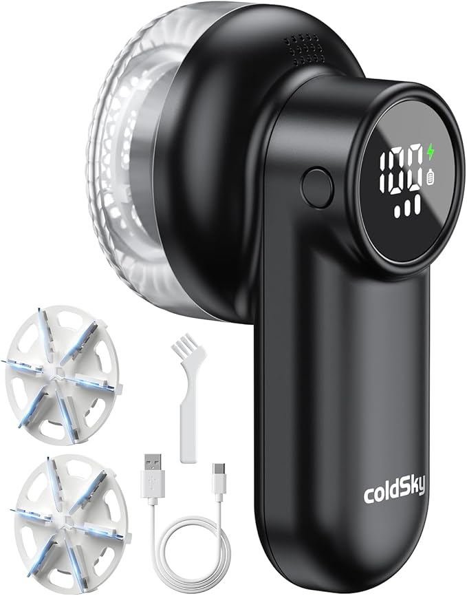 coldSky Rechargeable Fabric Shaver, Lint Remover with Digital Display, Sweater Razor with 6 Leaf Blades and Safety Lock, 3 Speed, Defuzzer for Lint Removal,