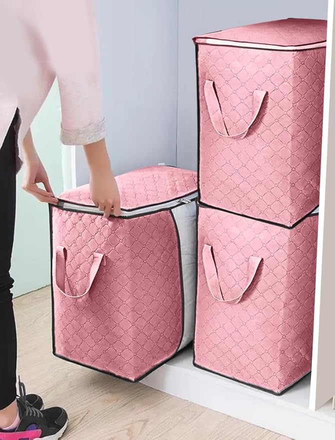 3 Pack Heavy Duty Zippered Storage Bags Waterproof Moving Travel Bags Foldable Reinforced Handles for Clothes, Bedding, Blankets, Space Saver, Vertical Style, Pink