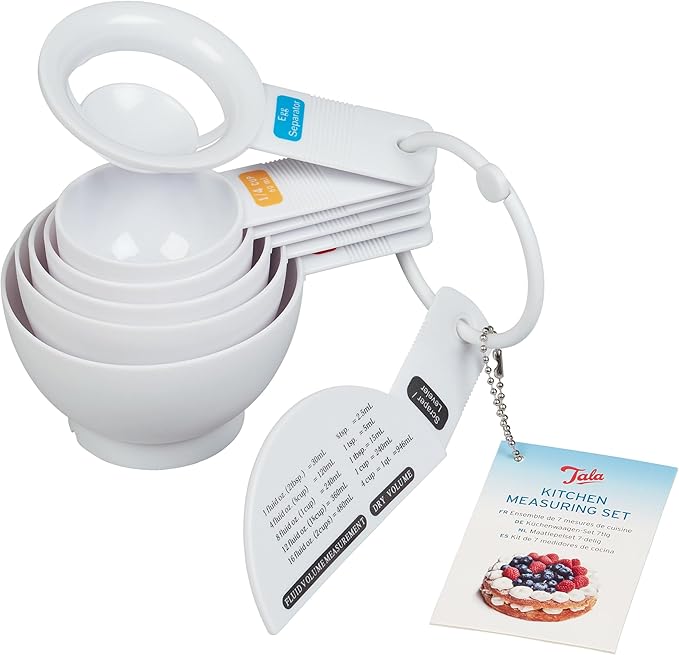 Tala Kitchen Measuring Set, in White Plastic and Contains 7 Measuring Cups Including 1 cup/240ml, 3/4 cup/180ml, 1/2 cup/120ml, 1/3 cup/78ml, 1/4 cup/60ml